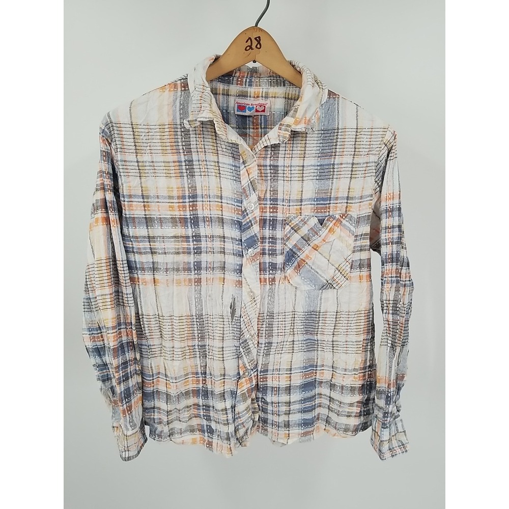 American Sweetheart Womens Plaid Long Sleeve Button Up Distressed Shirt - Picture 6 of 9